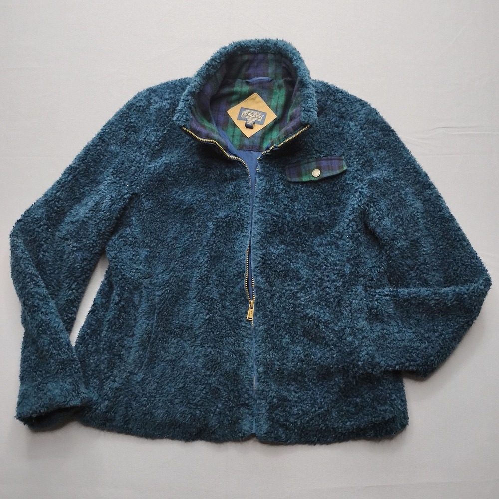 Pendleton Womens Sherpa Fleece Jacket Teal Blue‎ Plaid Trim Full Zip Size Large